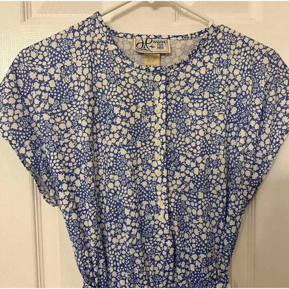 Vintage 70's Blue and White Floral Short Sleeve Dress Haband for Her Size M/L